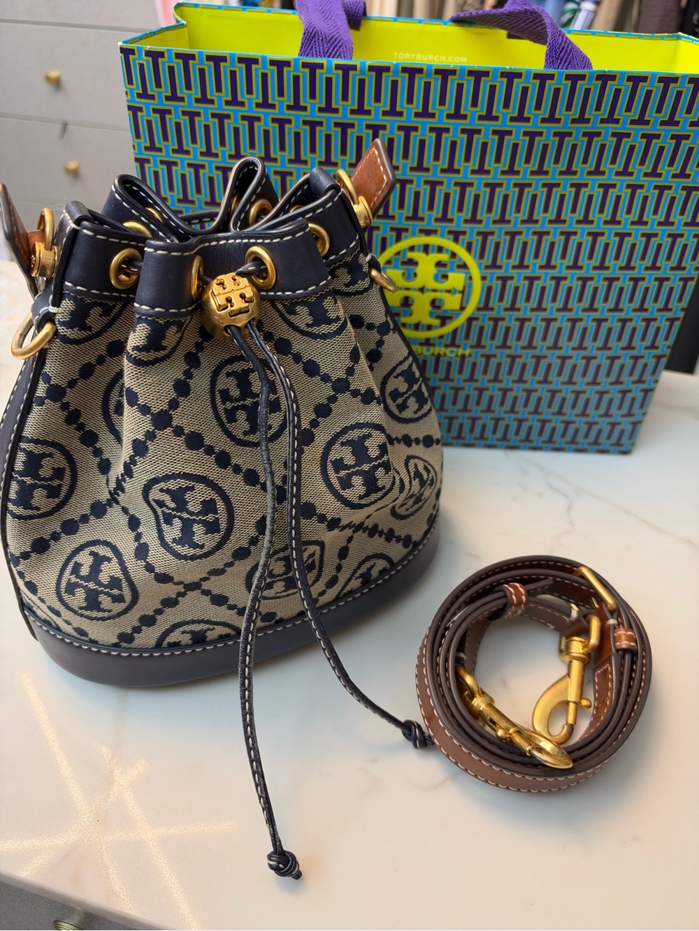 Tory Burch Navy Jacquard Monogram Mini Bucket Bag w/Crossbody Strap/Dust & Bag